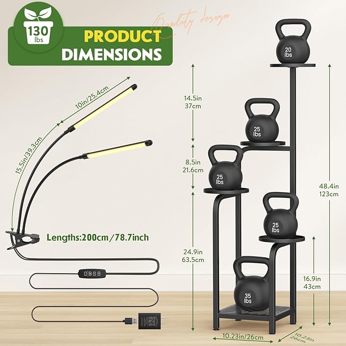 TOSKING 48" Tall Plant Stand with Grow Lights - 5-Tier Corner Plant Shelf with LED Full Spectrum Lights with Dimmer & Timer, Multi-Functional Corner Plant Stand for Home, Office, Balcony (Grow Light 5 Tier-Black)