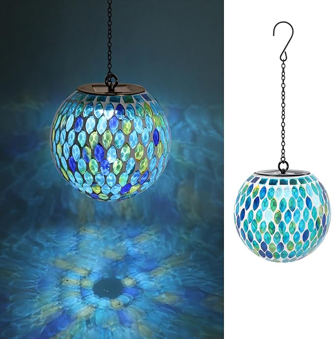 VCUTEKA Hanging Solar Lanterns Mosaic Solar Lights with Hook Up, Outdoor Garden Lights Decor for Yard Tree Fence Patio, Blue