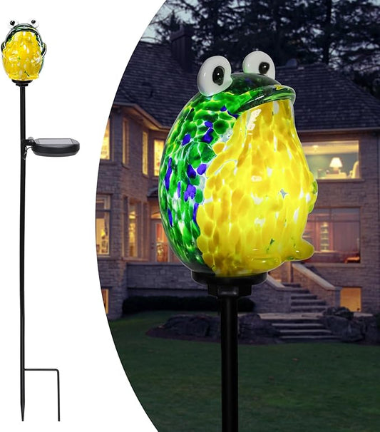 Afirst Solar Frog Garden Stake Lights Hand Blown Glass Decorative Garden Pathway Lights Outdoor Waterproof Animal Glass Stakes
