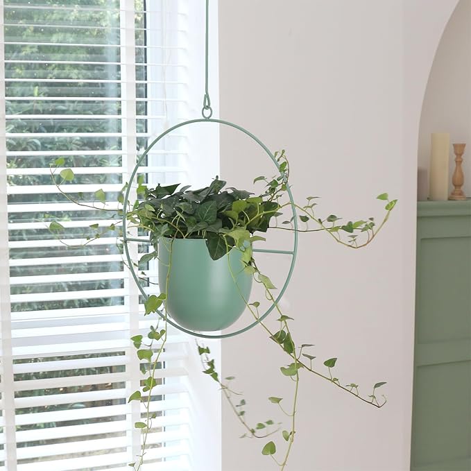 Metal Hanging Planter for Indoor Outdoor Plants Wall and Ceiling Hanging Basket for Vines Ferns Modern Minimalist Plant Hanger Room Window Decor(Green)