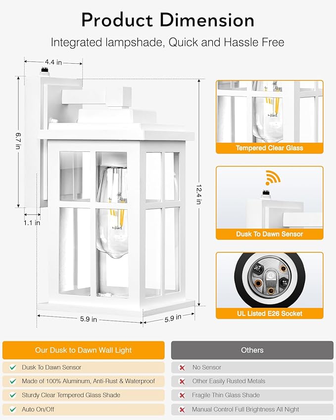 White Outdoor Wall Lights, Dusk to Dawn Exterior Lighting Fixtures, Waterproof Outside Lights for House, Garage, Garden, Entryway, Doorway, Anti-Rust, Modern Style, Tempered Glass