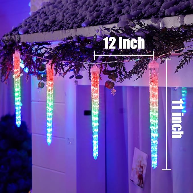 Icicle Lights Outdoor, 10 Ft Meteor Shower Lights with 10 Ice Shaped Tube, Snowfall Shooting Star Light Effect, Falling Crystal Christmas Decorations for House Eave Roofline Patio, Multicolor