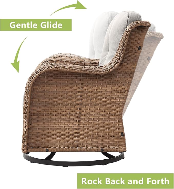 Outdoor Patio Swivel Rocker Chairs - 3 Piece Patio Bistro Set,Wicker Patio Furniture Set with 2 Swivel Rocking Chairs and 1 Glass Top Side Table for Deck Porch Garden,Yellow/Beige