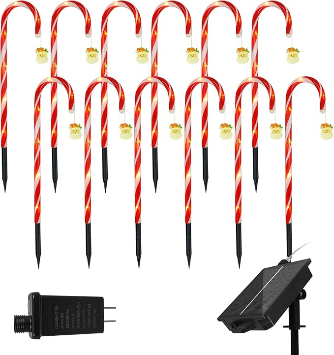 Solar Christmas Lights Outdoor Decorations: Candy Cane Light Waterproof for Yard Decorative Outside - Santa Claus Pathway Stake Lighting Patio Garden Path Street Decor 12 Pack