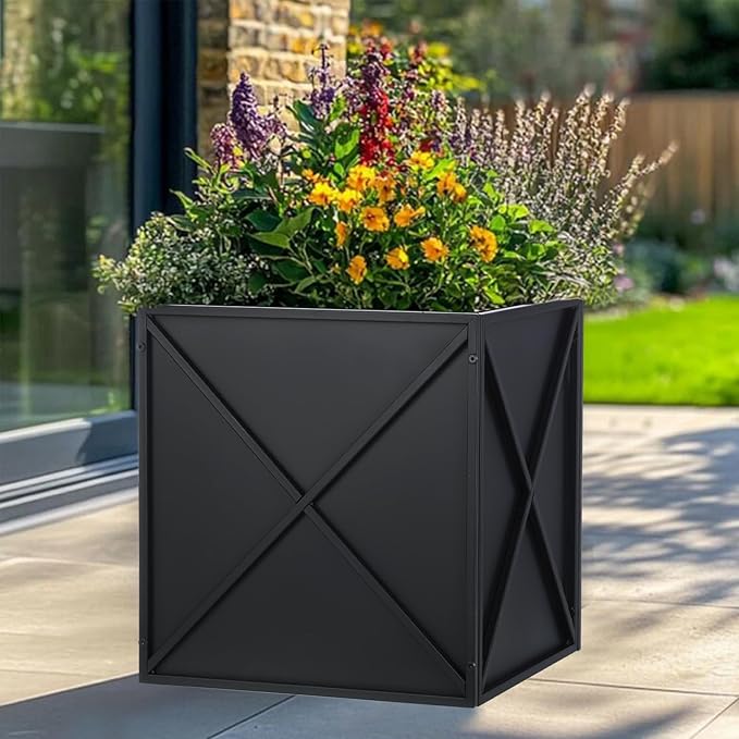SUNNYPARK Large Metal Planter Box 17”x 17”x 18”, Square Modern Black Metal Planter Box Heavy Duty with Drainage Holes for Outdoor Garden Patio