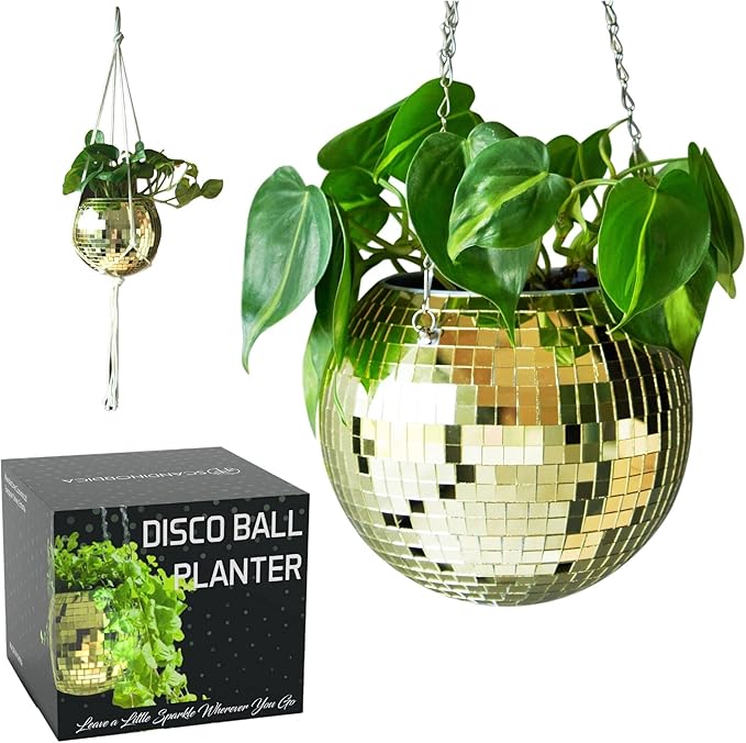 SCANDINORDICA Disco Ball Planter – Value Package: Mirror Disco Planter with Chain, Macrame Hanger and Acrylic Stand for Desk, Includes Self Watering Insert, Disco Decor | 8 inch Gold