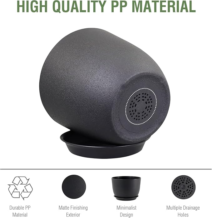 12 inch Large Plant Pots, Plastic Planters with Drainage Holes and Saucers, Flower Pots for Indoor Outdoor Plants, Modern Decorative Pots for Garden House Plants, Black