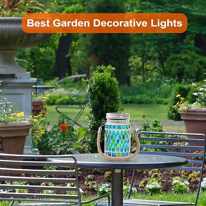 Cooo 4 Pack Mosaic Solar Lanterns Outdoor Waterproof Jar Lights Solar Powered, Hand Paste 141 Crystal Mosaics Table Hanging Garden Backyard Decor Lamps （Just a Little More, Get Double The Deligh