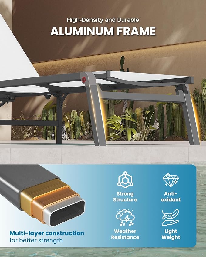 Pool Lounge Chairs Set of 2, Foldable Aluminum Chaise Lounge Outdoor with 5 Positions Recliner - Free Assembly - Patio Chaise Lounge Chair for Poolside, Beach, Yard (White, 2 Pack)