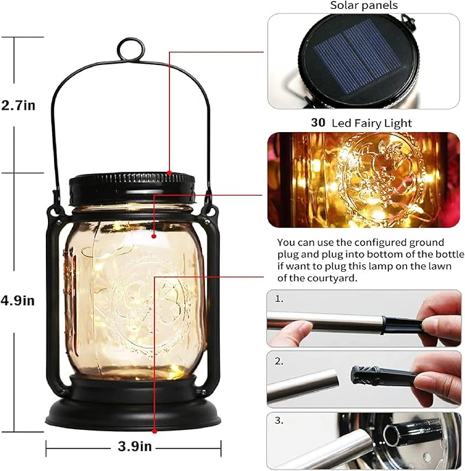 Solar Fairy Lanterns,4 Pack Solar Mason Jar Lights,Mother's Day Gifts For Mom Women Grandma Hanging Lanterns Outdoor Waterproof,Glass Jar Starry Light with Stakes for Garden Patio Party Holiday