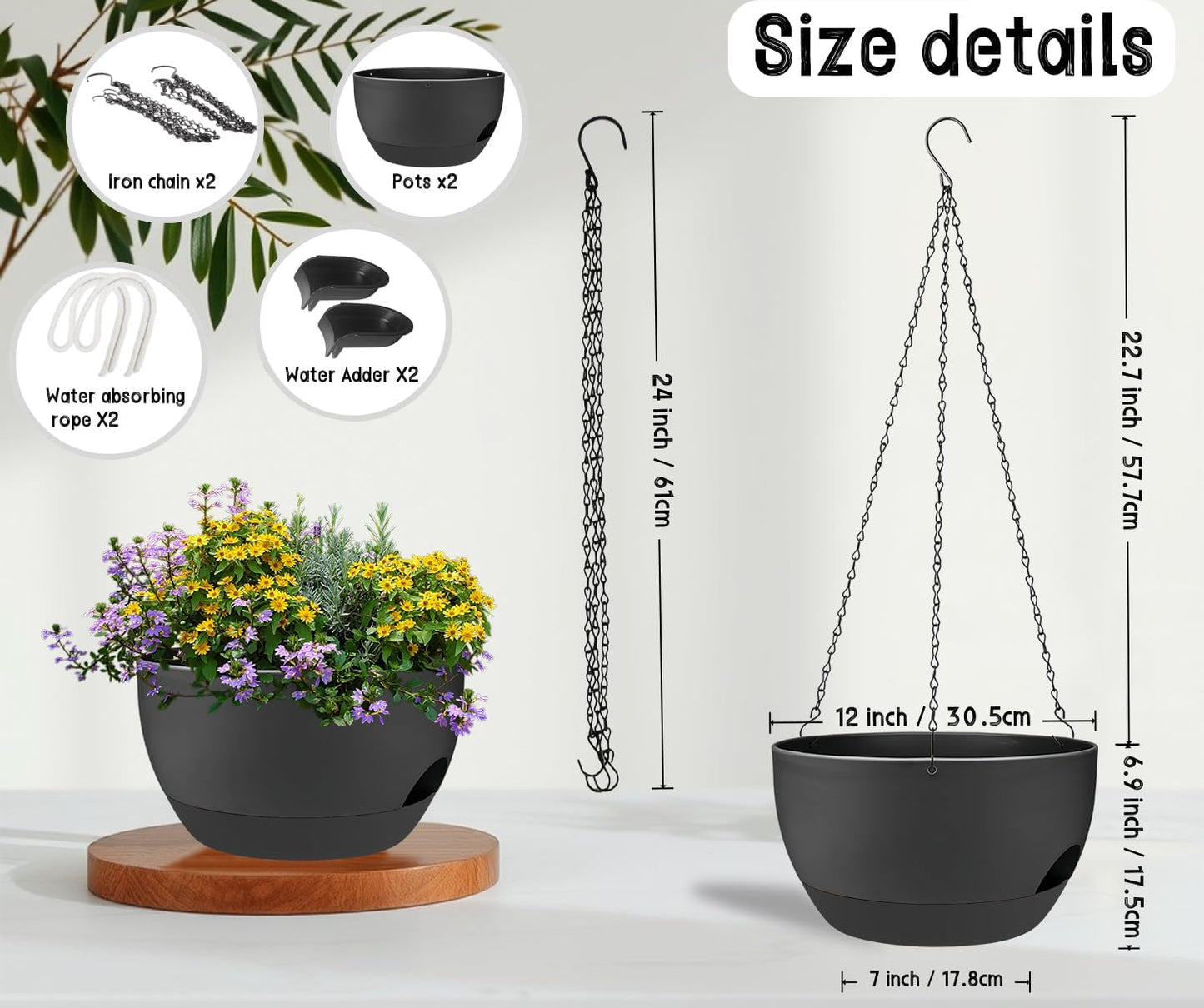 2 Pack 12 Inch Large Hanging Planters with Chains Self Watering Black Plastic Hanging Pots for Indoor Outdoor Plants, Garden Porch Home Decor，Black
