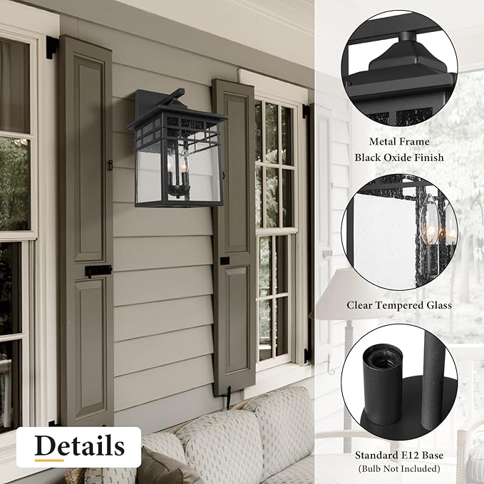 Outdoor Light Fixture Wall Mount, Black Exterior Light Fixture Wall Sconces with Seeded Glass for Front Porch, Large Waterproof Outdoor Square Wall Lantern Outside for House Doorway