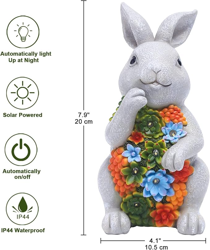 Nacome Solar Garden Outdoor Statues Bunny with Succulent and 7 LED Lights – Lawn Decor for Patio, Balcony, Yard Ornament - Unique Housewarming Gifts