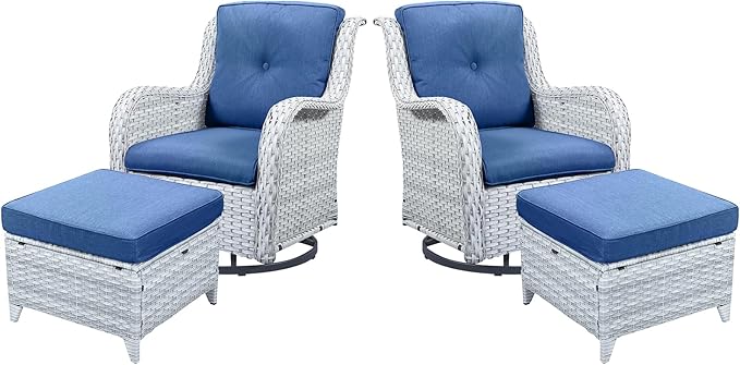 4 Pieces Patio Furniture Sets, Wicker Patio Swivel Glider Chair with Ottomans, Outdoor Furniture Set for Outside Porch Deck Balcony, Light Grey