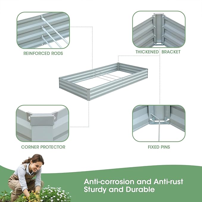 Raised Garden Bed,Galvanized Raised Garden Beds Outdoor for Vegetables Flowers Herbs, Raised Bed Planter Box, Metal Raised Garden Bed Kit with Gloves, 6x3x1ft,Gray