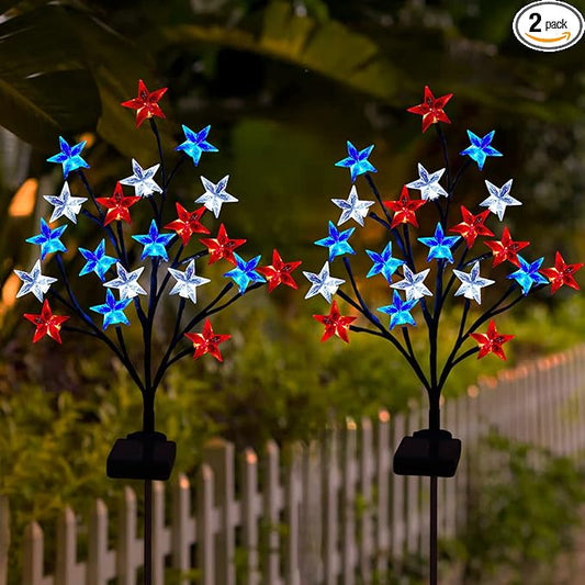2 Packs Solar 4th of July Decorations Outdoor Lights, Solar Red White and Blue Star Pathway Lights, Waterproof Outdoor Patriotic Decorations Lights for July 4th Memorial Day Garden Yard Pathway Grave