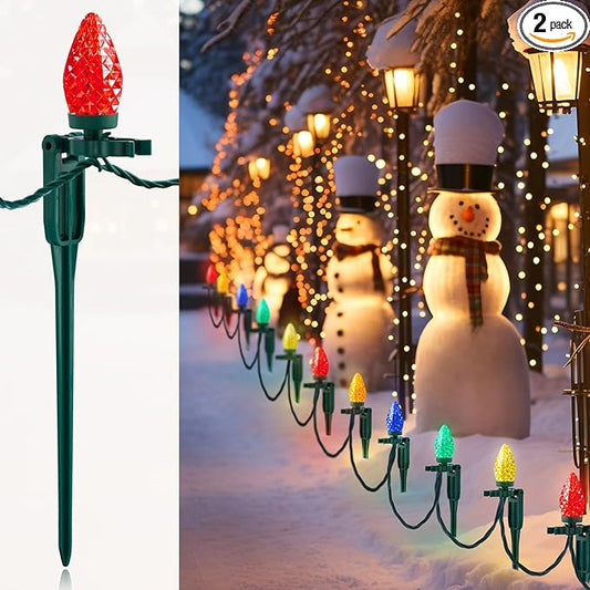 SURAIELEC 2 Pack Christmas Pathway Lights Outdoor, Total 50FT 50 LED C9 Christmas Lights with Stakes, Connectable Ground Lights for Yard, Walkway, Driveway Decor, Multicolored, UL Listed