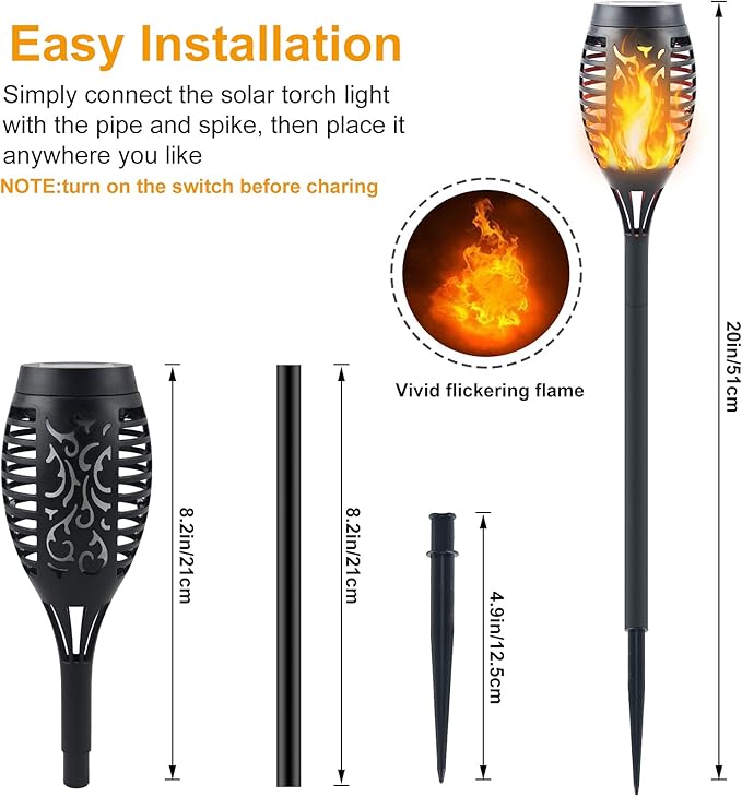 Mini Solar Tiki Torches with Flickering Flame Effect - 12LED Torch Lights Outdoor Waterproof, Perfect for Festival Decorations, Yard, Garden, Patio & Pathway Landscape Lighting (Set of 8)