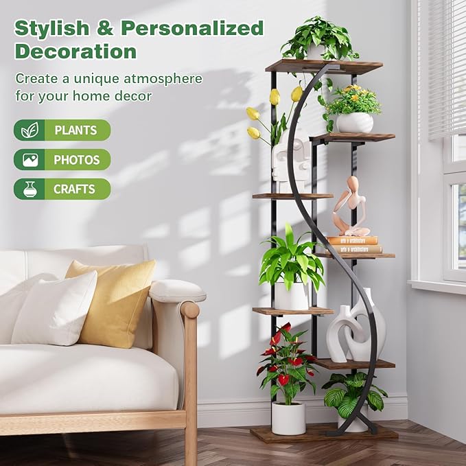 59" Tall Plant Stand with Grow Light Indoor, 7 Tiered Metal Plant Shelf, S-Shaped Flower Display Stand, Corner Storage Shelf for Living Room, Patio, Balcony Decor