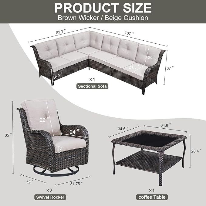 Outdoor Furniture Sectional Sofa L Shaped Couch - Patio Wicker Set with 2 Swivel Glider Chairs, 5 Piece Rattan Patio Conversation Sets with Beige Cushion for Deck Backyard Sunroom