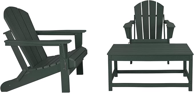 WO Home Furniture Adirondack Chairs Table Set of 3 PCS Outdoor Folding Chairs Coffee Table Weather/UV Resistant for Lawn, Garden, Bon Fire, Balcony (Dark Green)