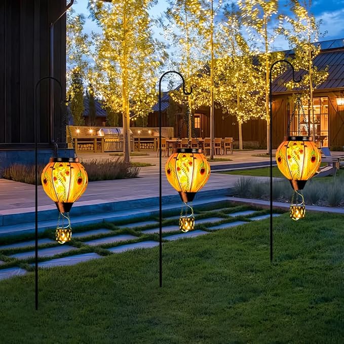 Peacock Hot Air Balloon Solar Lantern with Flickering Flame,Glass Hanging Solar Lanterns Outdoor Waterproof,Hot Air Balloon Decorative Lights for Patio Porch Yard Decor,Peacock Gifts for Women