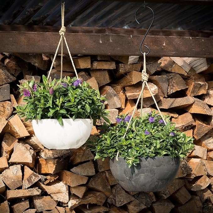 Root & Vessel Self Watering Hanging Planter for Indoor or Outdoor Plants, Unique Marbled Hanging Basket Made of Eco-Friendly Blend of Stone & Plastic, White, 10"