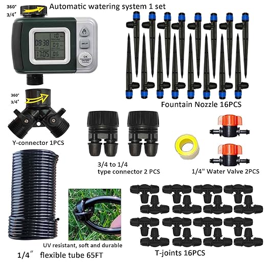64FT Drip Irrigation Kit with Garden Timer Plant Watering System with Tubing Gushing Nozzles and Water Timer, Quick Connector Kits Easy to Assemble