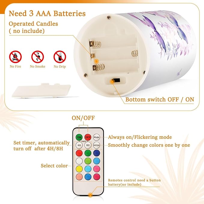 Flickering Flameless Candles, Butterflies Purple LED Candles with Remote Timer, Set of 2 Battery Operated Candle for Valentine Wedding Birthday
