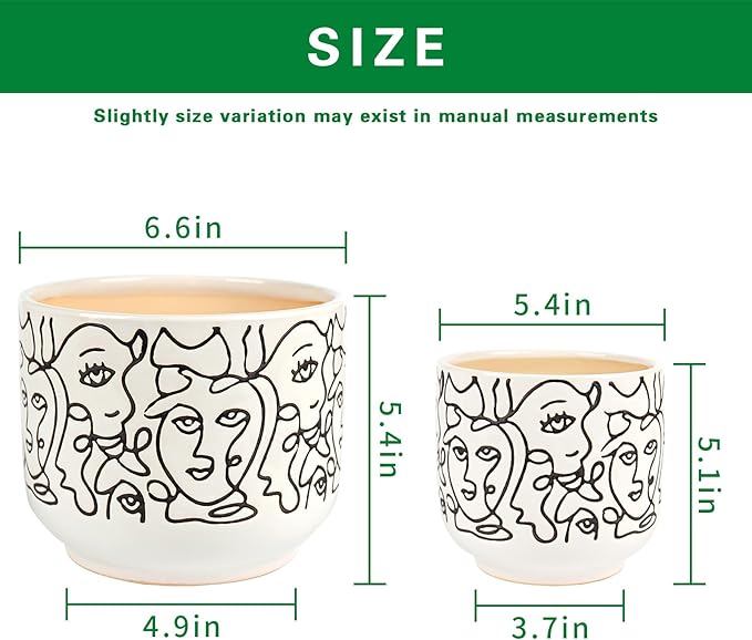 Docrin Plant Pots Indoor with Drainage : 6.6+5.4 Inch Ceramic Flower Pots for Plants - Set of 2 Modern Decorative Face Planters for House/Office/Gift - /Black and White