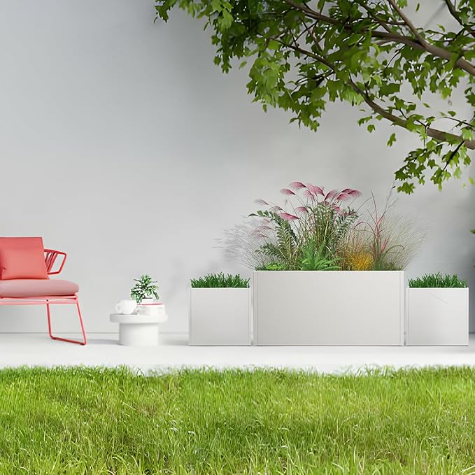 White Steel Planter Outdoor Indoor Planter Box Galvanized Steel Metal Large Planters Rectangular Flower Pot 31.5 In L x 16 In W x 16 In H Modern Commercial Residential for Trees Patio Deck Yard Garden