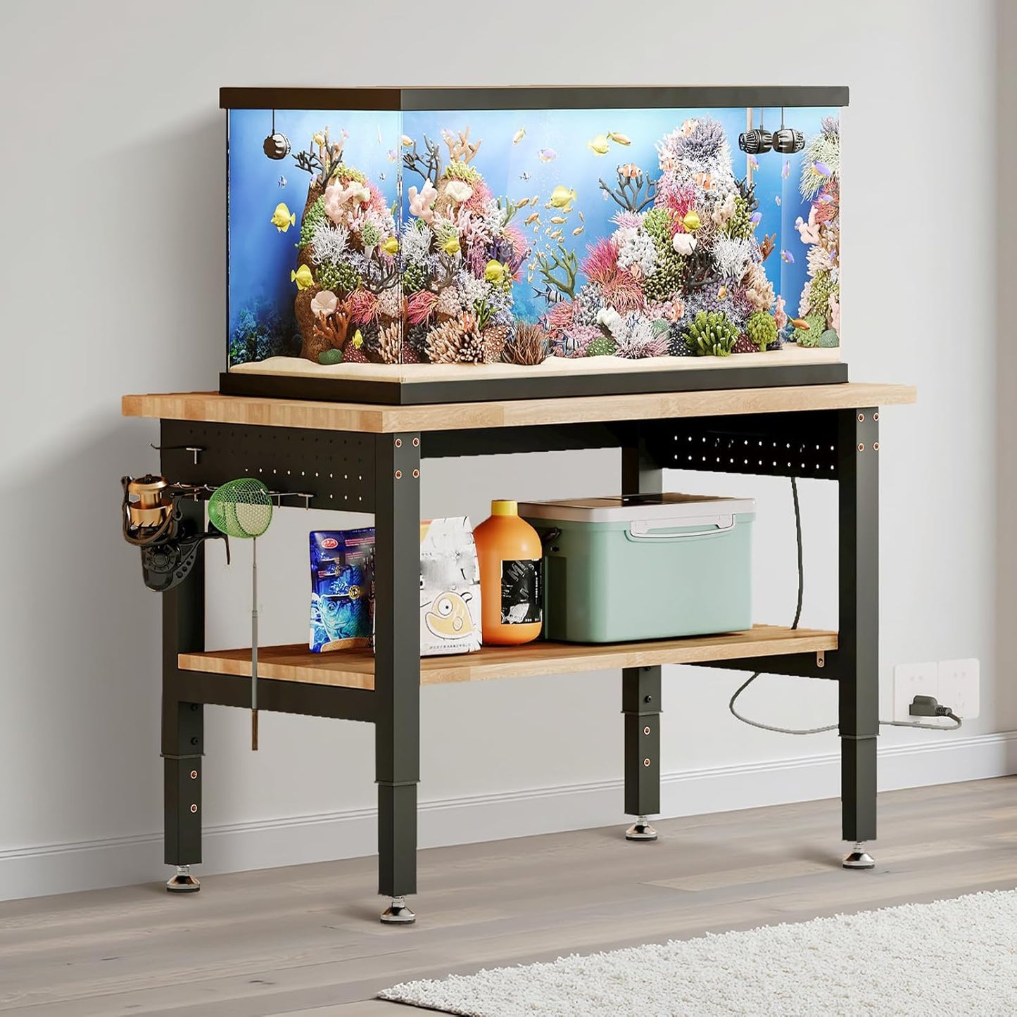 Albott 48" Adjustable 2-Tier Workbench with Solid Wood Top, Max 2000lbs Capacity, Built-in Power Strip with 4 AC Outlets & 2 USB Ports, Pegboard & 20 Hooks, Shop Garage Office