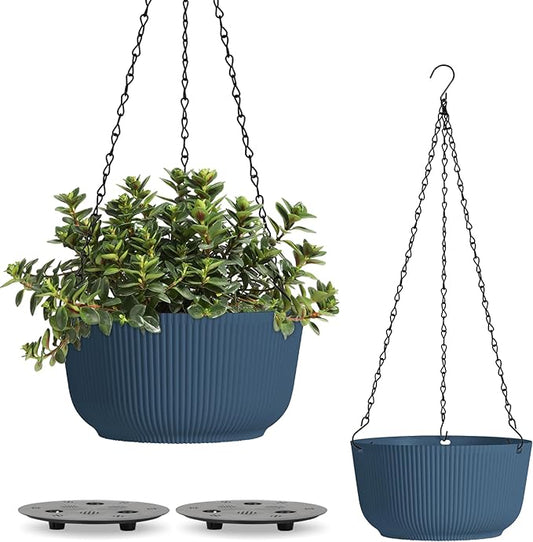 T4U 8 Inch Hanging Planters for Indoor Outdoor Plants, Self Watering Hanging Pot Pack of 2, Hanging Pots with Drainage Hole & Plug & Chain with 3 Hooks for Garden Home Decor, Blue