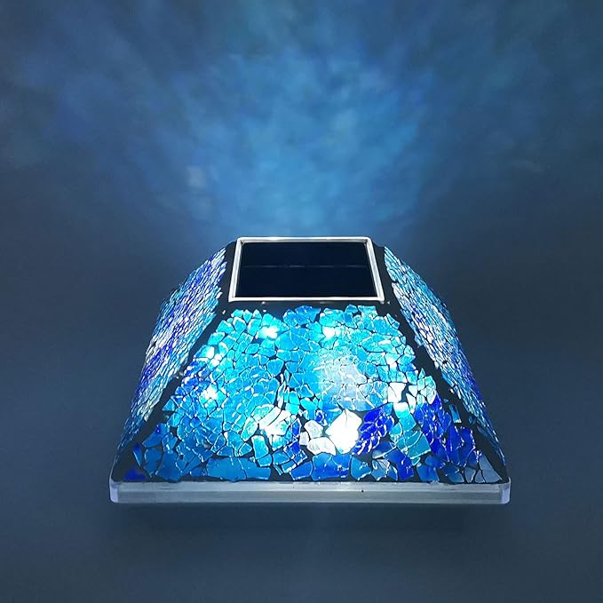 2PK Mosaic Solar Post Cap Lights Outdoor for 4x4, 3.5x3.5 Post Crackled Glass Deck Fence Lamp Weatherproof LED Light Decor in Garden, Yard, Outdoor Table, Balcony, Landscape- Cyan Blue