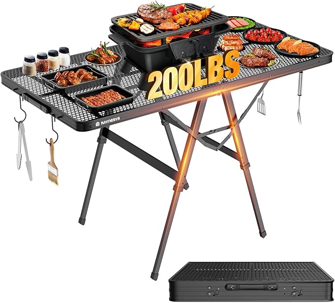 Foldable Grill Table with Mesh Desktop, 200lbs 4Ft Portable Folding Table, Height Adjustable Metal Table for Ourdoor, Camping, Picnic, BBQ and Beach, RV, 47.24" L x 23.62" W