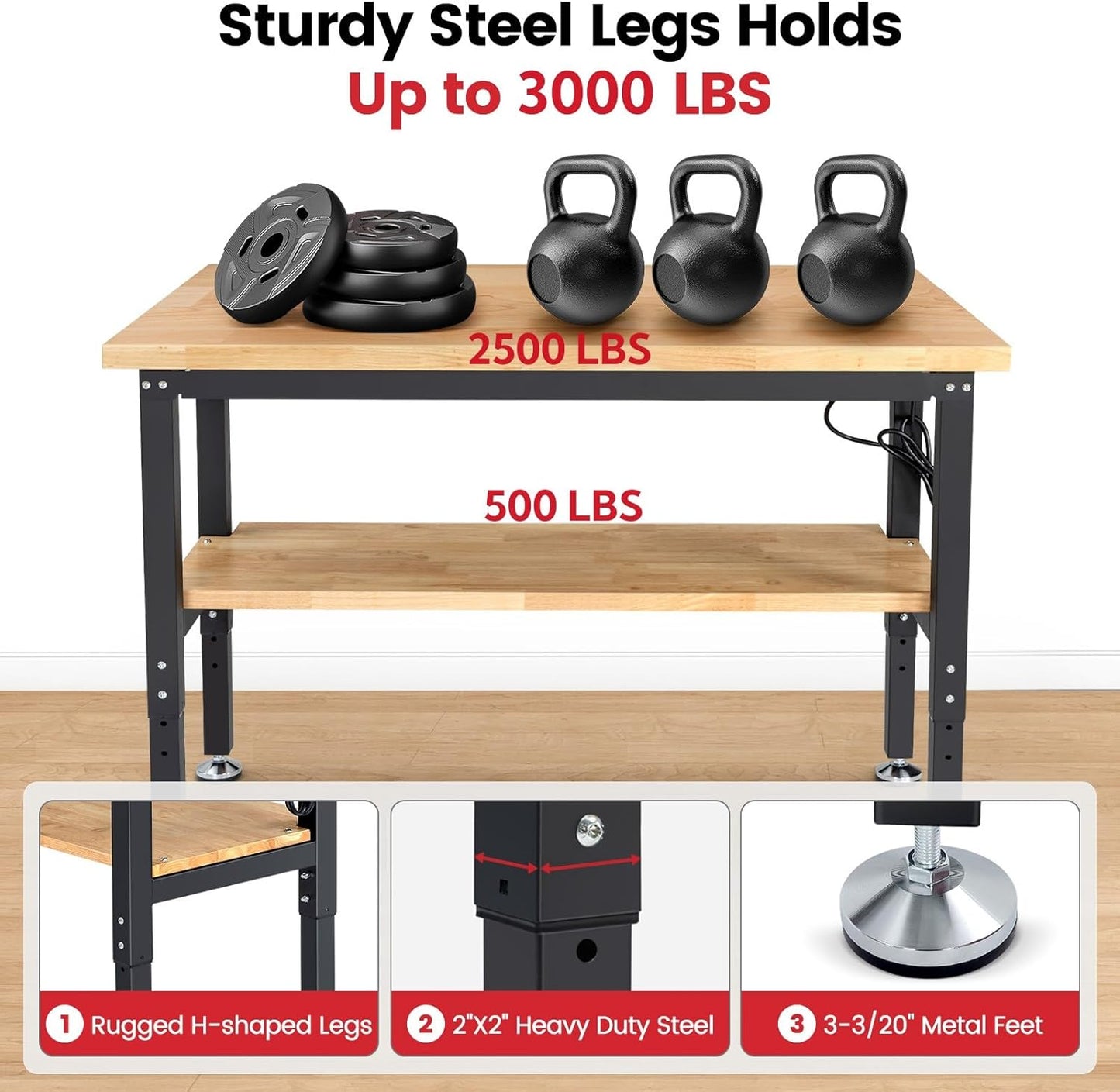 Adjustable Height Work Bench 48 x 20 Workbench for Garage Work Table with Under Table Shelf for Shop Woodworking, Heavy Duty Rubber Wood Top for Office, Home, Commercial