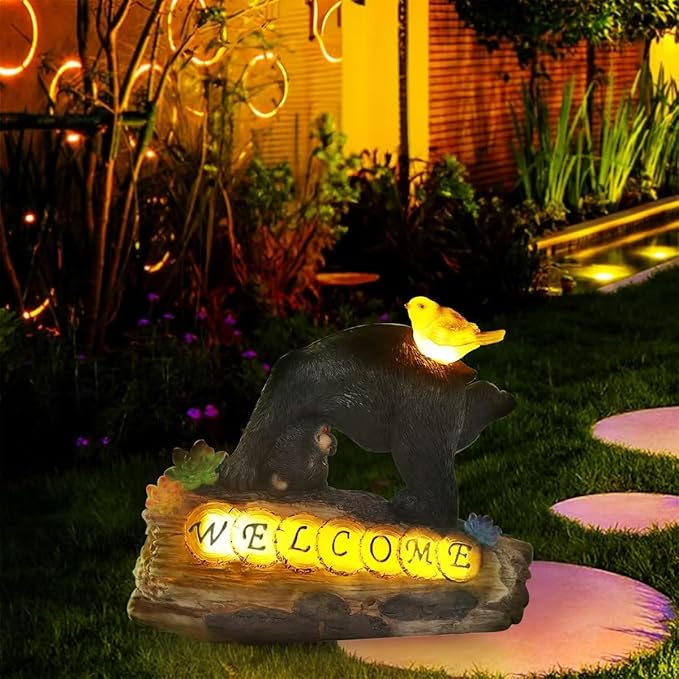 Bear Garden Decorations,Bear Solar Lights Outdoor Garden,Outdoor Solar Lights for Yard Decorations,Bear Garden Welcome Plaque Statue。