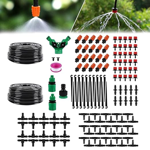 Garden Drip Irrigation Kit,98FT/30M 149Pcs Plants Misting System for Lawn Patio Automatic Irrigation Equipment with 1/4" Blank Distribution Tubing Hose Adjustable Nozzle Emitters Sprinkler