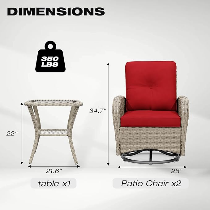 Joyside Outdoor Swivel Rocker Chairs, 3 Piece Wicker Patio Set with Thick Cushion and Side Table, Rattan Patio Swivel Rocking Chairs for Porch, Deck Use (Natural/Red, 3 PCS)