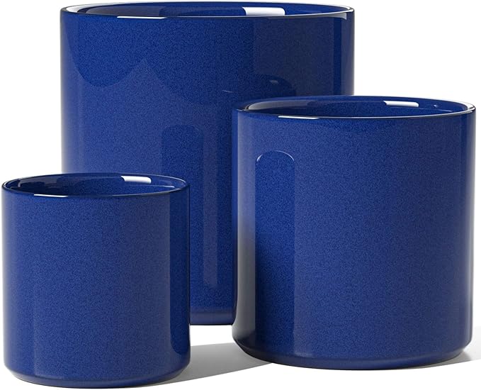 LE TAUCI Large Plant Pots Set, 10/8/6 Inch Ceramic Planters for Indoor Plants, Mid-Century Modern Flower Planter Pots with Drainage Hole and Plug, Cylinder Round Planter Pots, Set of 3, Sapphire Blue
