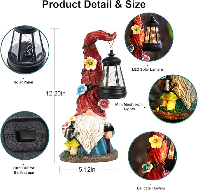 Solar Gnome Garden Statue Lights Gnome Figurine with Solar Lantern, Outdoor Garden Succulent Waterproof Ornaments Decorations for Yard, Lawn, Patio – Ideal Gift for Women, Mom, Grandma, Etc.