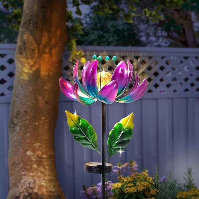 Solar Purple Metal Flower Wind Spinners, Colorful Spinning Windmill Lotus Yard Art Lights Wind Pinwheels with LED Crystal Ball Decorative Stake Lighting Flower Sculpture
