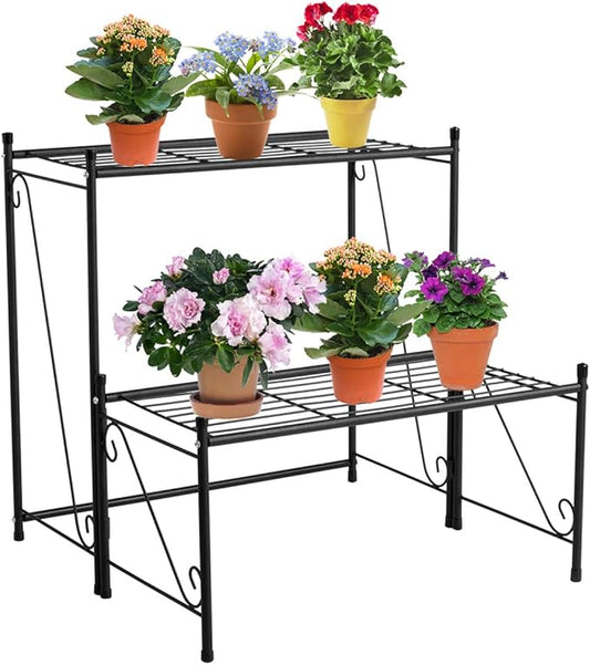 DOEWORKS 2 Tier Metal Plant Stand Storage Rack Shelf, Flower Pot Holder Display Shelf, Black