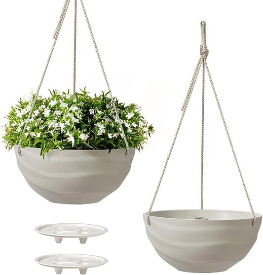 La Jolie Maison 10 Inch Hanging Planters for Indoor Plants, Outdoor Garden Planter Pots with Self-Watering Tray, Oatmeal, Set of 2
