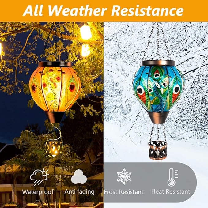 Peacock Hot Air Balloon Solar Lantern with Flickering Flame,Glass Hanging Solar Lanterns Outdoor Waterproof,Hot Air Balloon Decorative Lights for Patio Porch Yard Decor,Peacock Gifts for Women