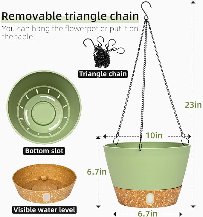 QCQHDU 2 Pack Hanging Planters for Indoor Outdoor Plants, 10 Inch Hanging Baskets Flower Pots with Reservoir Tray & Visible Water-Level