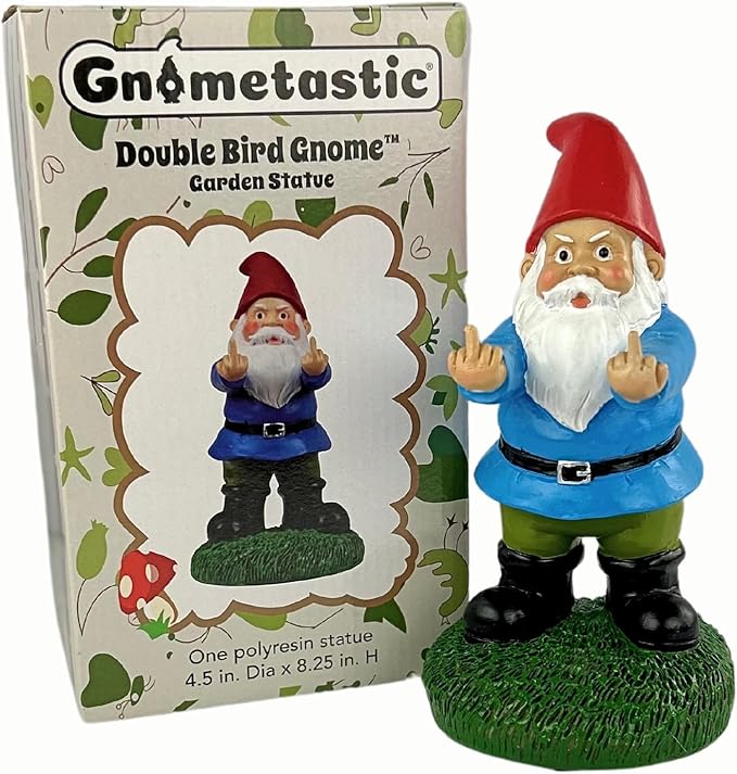 Gnometastic Middle Finger Gnome, 8.45in Tall - The Original Double Bird Garden Gnome Statue - Outdoor Funny Gnome Decoration and Lawn Ornament