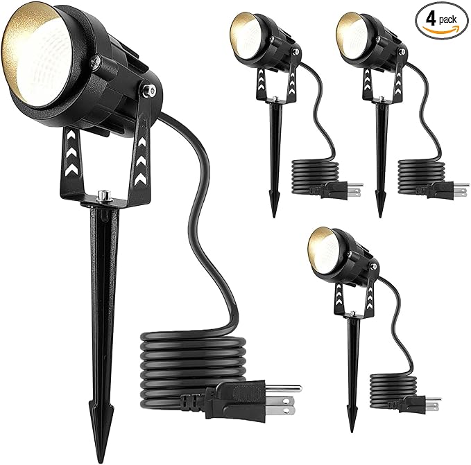 Outdoor LED Warm White Spot Lights, 3000K Landscape SpotLights, 12W IP65 Waterproof Garden Lights, Metal Case COB Lighting with Spiked Stand for Lawn Decorative Lamp US 3- Plug (4 Pack)