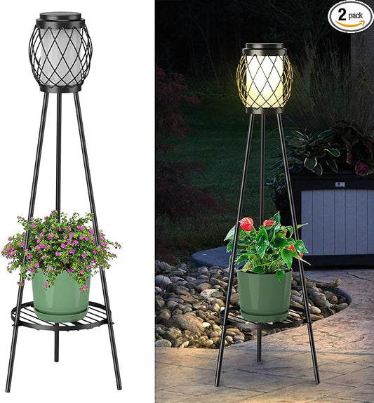 Solar Lights Outdoor Street Lights with Plant Stands 2 Pack, Solar Floor Lamp Metal Tripod Patio Lights for Garden Yard Pathway Driveway Front/Back Porch Decoration