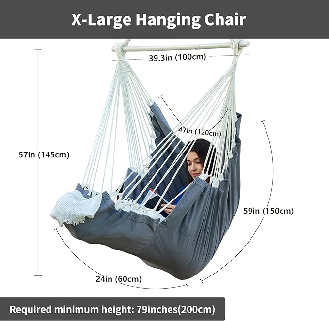 Hanging Hammock Chair Swing MAX 500 lbs Outdoor Hanging Chair with Footrest Indoor Swing Chair with Portable Steel Spreader Bar and Hardware Kit for Bedroom Living Room Patio Porch - Dark Grey